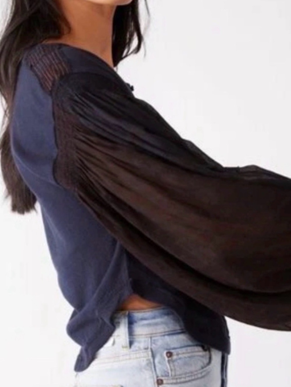 NWT! #877 FREE PEOPLE Light Magic Navy Henley with Black Print Balloon Sleeves